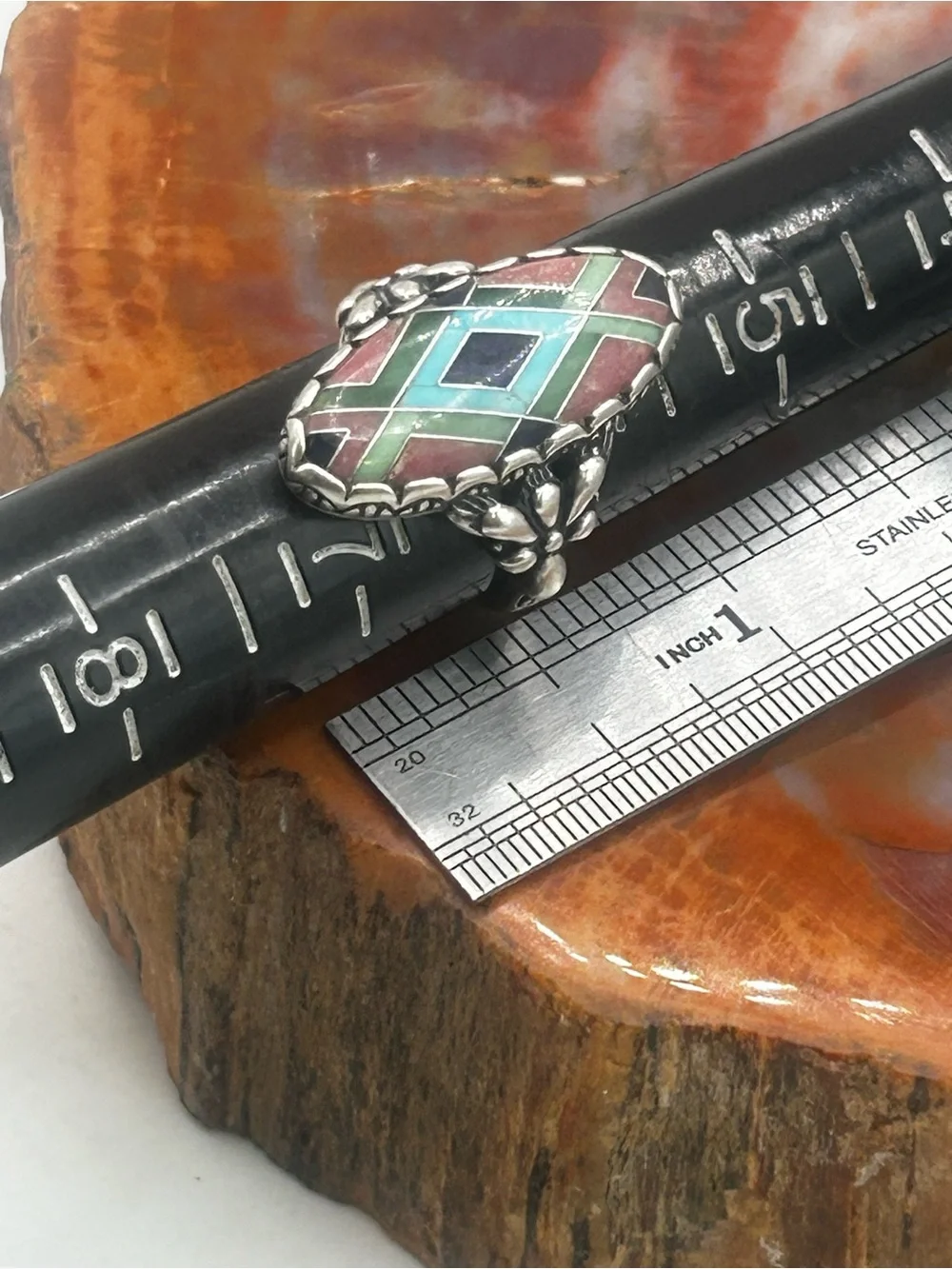Carolyn Pollack Designer Ring, Southwest Style Sterling Silver w/ stone inlay